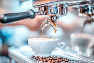 Close-Up of Espresso Machine Pouring Fresh Coffee into White Cup in Cafe Setting