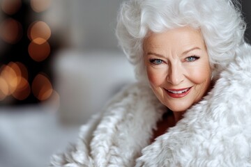 Elegant Senior Woman in White Fur Coat Smiling Indoors During Holiday Season