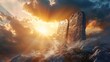 © decorator - Divine commandments  two stone tablets under sunlight on mountain   realistic depiction