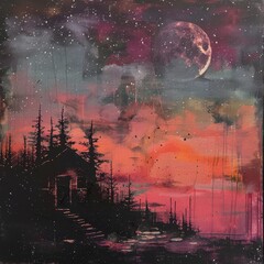 Wall Mural - A silhouette of trees against a vivid pink and purple sky with a full moon