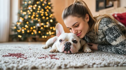 Canvas Print - A woman laying on the floor with her dog in front of a christmas tree, AI