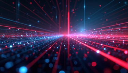 Wall Mural - abstract digital background with red and blue neon lights and particles.
