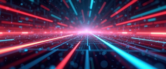 Wall Mural - futuristic digital grid with blue and red neon lights creating a tunnel effect, symbolizing advanced