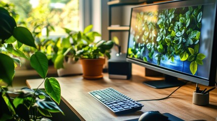 Poster - A computer monitor sitting on a desk next to some plants, AI