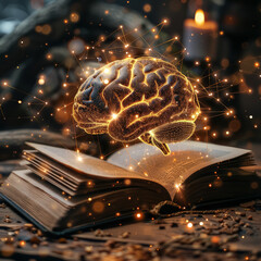 Sticker - A person is holding an open book with a glowing brain in the middle. The brain is surrounded by a network of stars, giving the impression of a futuristic, otherworldly scene