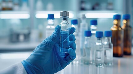 Close-up of a hand in blue medical gloves holding a glass vial with liquid, with a set of bottles on a table against a light background, emphasizing a medical and science. Generative AI.