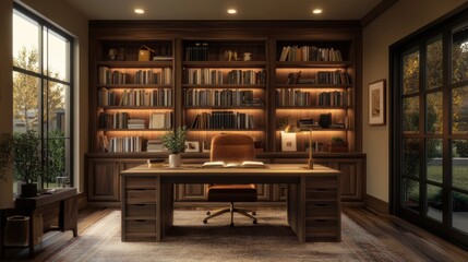 Wall Mural - A room with a desk and bookshelves in it, AI