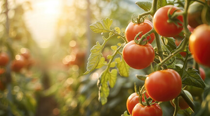 Wall Mural - A vine of tomatoes growing in a sunny greenhouse. Generative AI.