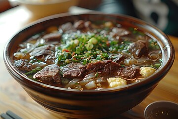 Wall Mural - Beef noodle soup with fresh herbs and vegetables in a white bowl, resting on a wooden table