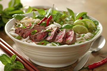 Wall Mural - Beef noodle soup with fresh herbs and vegetables in a white bowl, resting on a wooden table