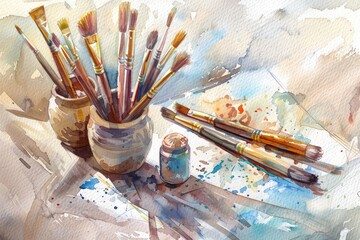 Wall Mural - Illustration of paint brushes and paint jar, perfect for creative projects or design concepts