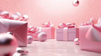 Wall Mural - Pink Christmas background with festive gift boxes and Christmas balls. Holiday Christmas and New Year composition with copy space.