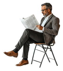 Man reading newspaper while seated on chair, cut out - stock png.