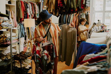 Person browsing racks of clothing in bright thrift store with various garments on display during daylight Peering at different shirts and examining styles and options