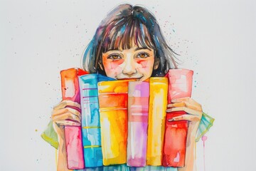 Canvas Print - A young girl holds a stack of books in her hands, likely for reading or studying