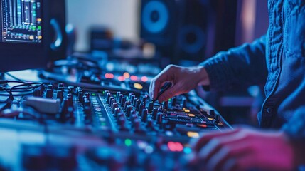Wall Mural - close-up of an audio visual technician adjusting sound levels on a mixer, surrounded by various cabl
