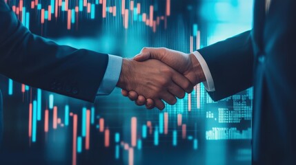 Businesspeople shaking hands over a contract with financial graphs in the background.