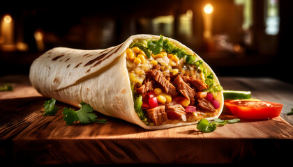 A genuine Mexican burrito displayed on a rustic kitchen table, warm natural lighting, inviting texture