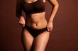 © deagreez - Cropped photo of overweight lady underwear lingerie accepting imperfect skin isolated brown color background