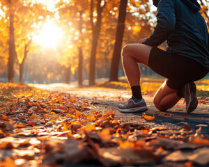 A man in athletic gear prepares for a run in an autumn park, surrounded by fallen leaves and bathed in warm sunrise light