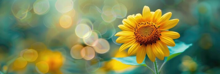 Poster - Close-up of a vibrant yellow teddy bear sunflower with selective focus.