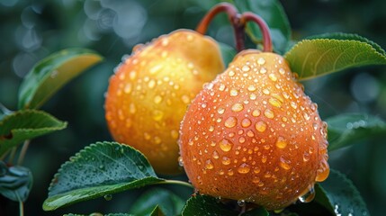 Close-Up of Two Ripe Pears with Raindrops on a Branch in a Summer Garden. Branch of ripe organic cultivar of pears