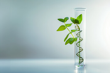 An illustration features a DNA strand shaped like a plant inside a laboratory flask.