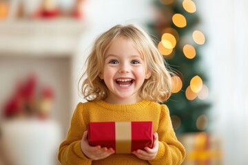 Excited little girl holding Christmas present on Christmas night	