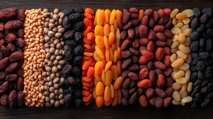 A diverse mix of dried fruits and nuts meticulously arranged on a dark wooden surface, highlighting the contrast and rich variety within the spread of these natural snacks.