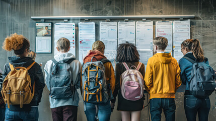 A group of students are standing in front of a bulletin board with papers on it. They are looking at the board and seem to be focused on the information displayed. Scene is serious and studious