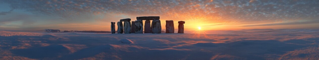 Winter Solstice Sunset Behind Stonehenge, a Majestic Display of Ancient Monuments Bathed in the Warmth of the Dying Day.