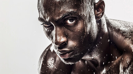 A focused athlete showcases strength and resilience while water cascades down their face and body