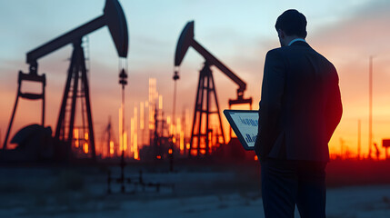 An investor in a business suit analyzing global oil prices with oil pump jacks in the background