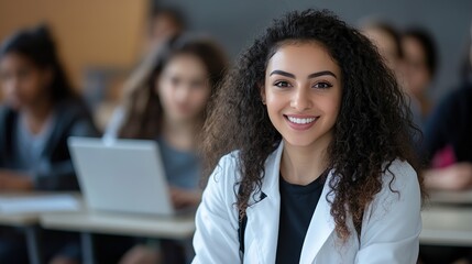 Female Scientist Smiling in Lab Coat in Modern Classroom Setting