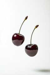 Black Tartarian Cherry fruit levitating on a white background