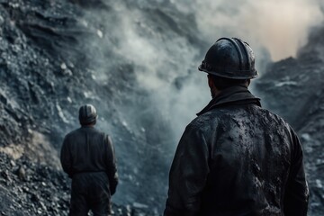 a two workers mine coal, view from the back