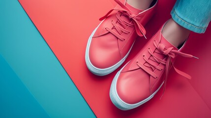 A top-down image of stylish pink sneakers on a bright and colorful background featuring blue and pink geometric patterns. The scene showcases a trendy and modern fashion aesthetic..