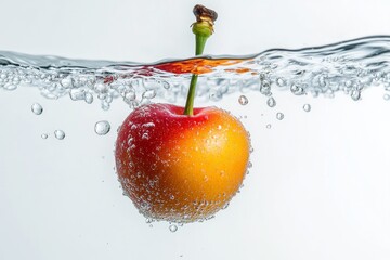 Rainier Cherry falling into the water with a splash on a white background