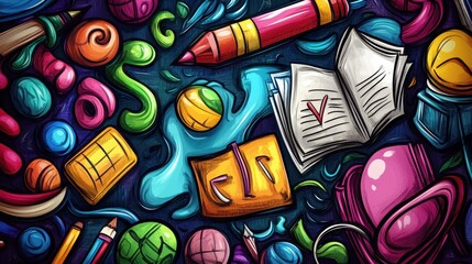 Poster - A colorful drawing of school supplies and books on a table, AI