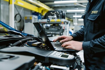 auto diagnostics - mechanical technician employing laptop for car maintenance programming, integrati