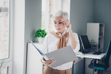 Sticker - Photo of lovely senior lady amazed read resume papers folder wear formalwear coworking successful businesswoman nice creative light office