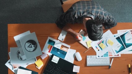 Poster - Aerial view of smart businessman calling manager while choose color. Professional interior designer looking at laptop screen while select and design main theme color for product at meeting. Symposium.