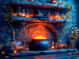 Podium background witch's lair product display 3D cauldron stand broomstick. Halloween podium with a bubbling cauldron, witch's hat, and potion bottles, capturing the magic of witchcraft and sorcery.