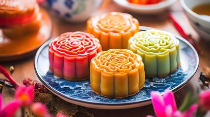 Delicious mooncakes traditional Chinese pastry for Mid Autumn Day festival.