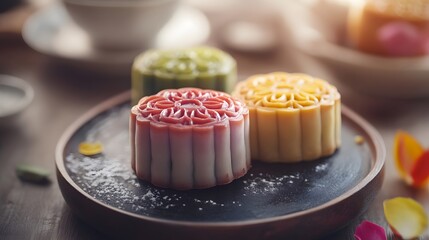 Wall Mural - Delicious mooncakes traditional Chinese pastry for Mid Autumn Day festival.