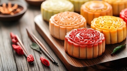 Wall Mural - Delicious mooncakes traditional Chinese pastry for Mid Autumn Day festival.