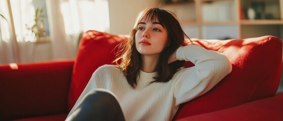 Wall Mural - A Young Woman Resting on a Red Couch