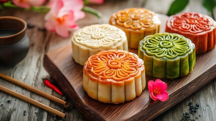 Delicious mooncakes traditional Chinese pastry for Mid Autumn Day festival.