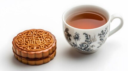 Wall Mural - Mooncake traditional Chinese pastry served with tea for Mid Autumn day festival