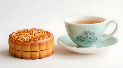 Wall Mural - Mooncake traditional Chinese pastry served with tea for Mid Autumn day festival